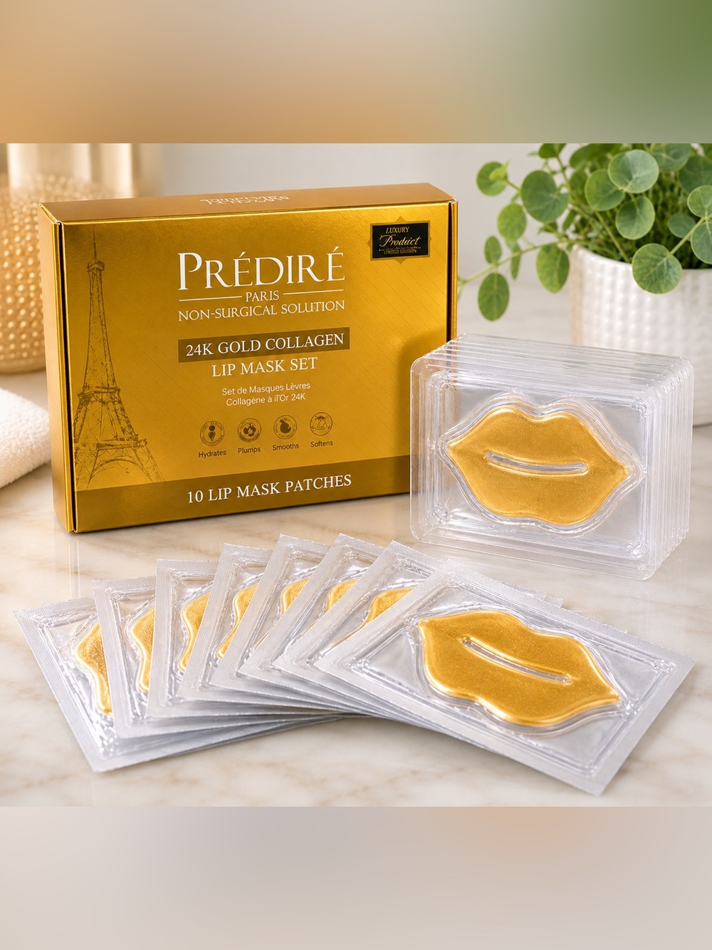 Prédiré Paris 24K Gold Collagen Lip Mask Set – 10 Patches – NEW